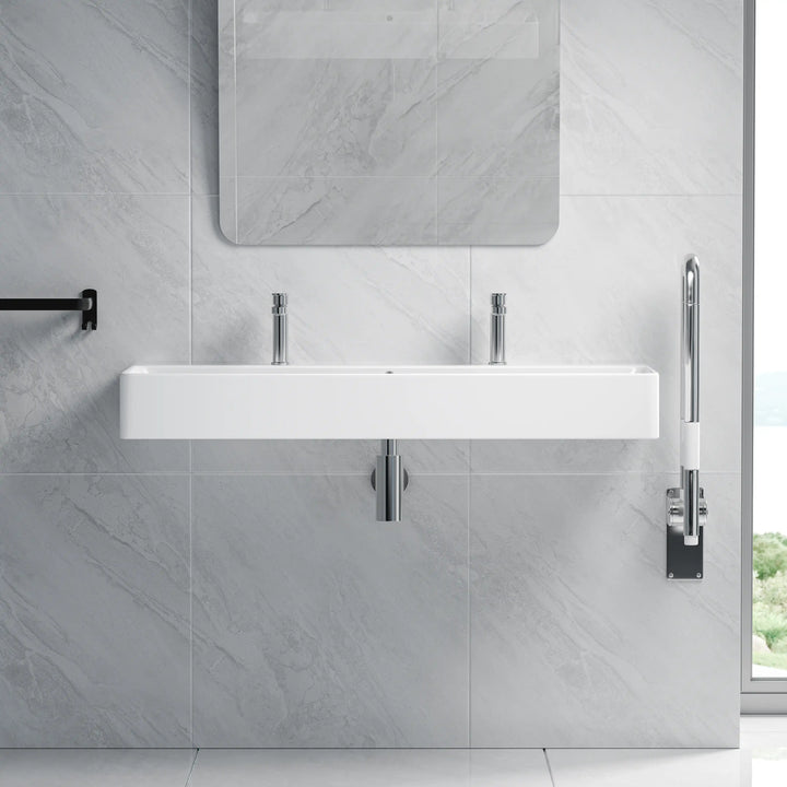 Turner 43" Rectangular Vessel Ceramic Wall Mount Bathroom Sink in White, Two Faucet Holes