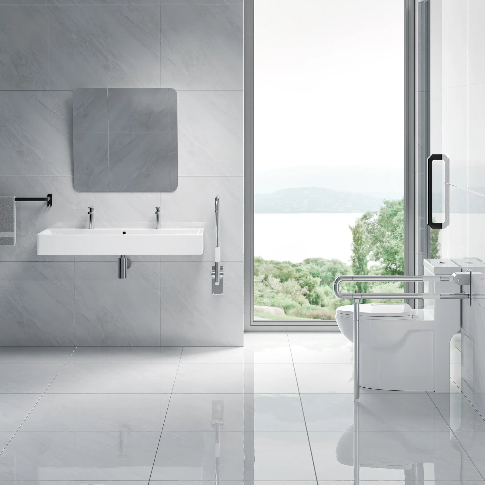Modern white wall-mount double basin with two faucets.
