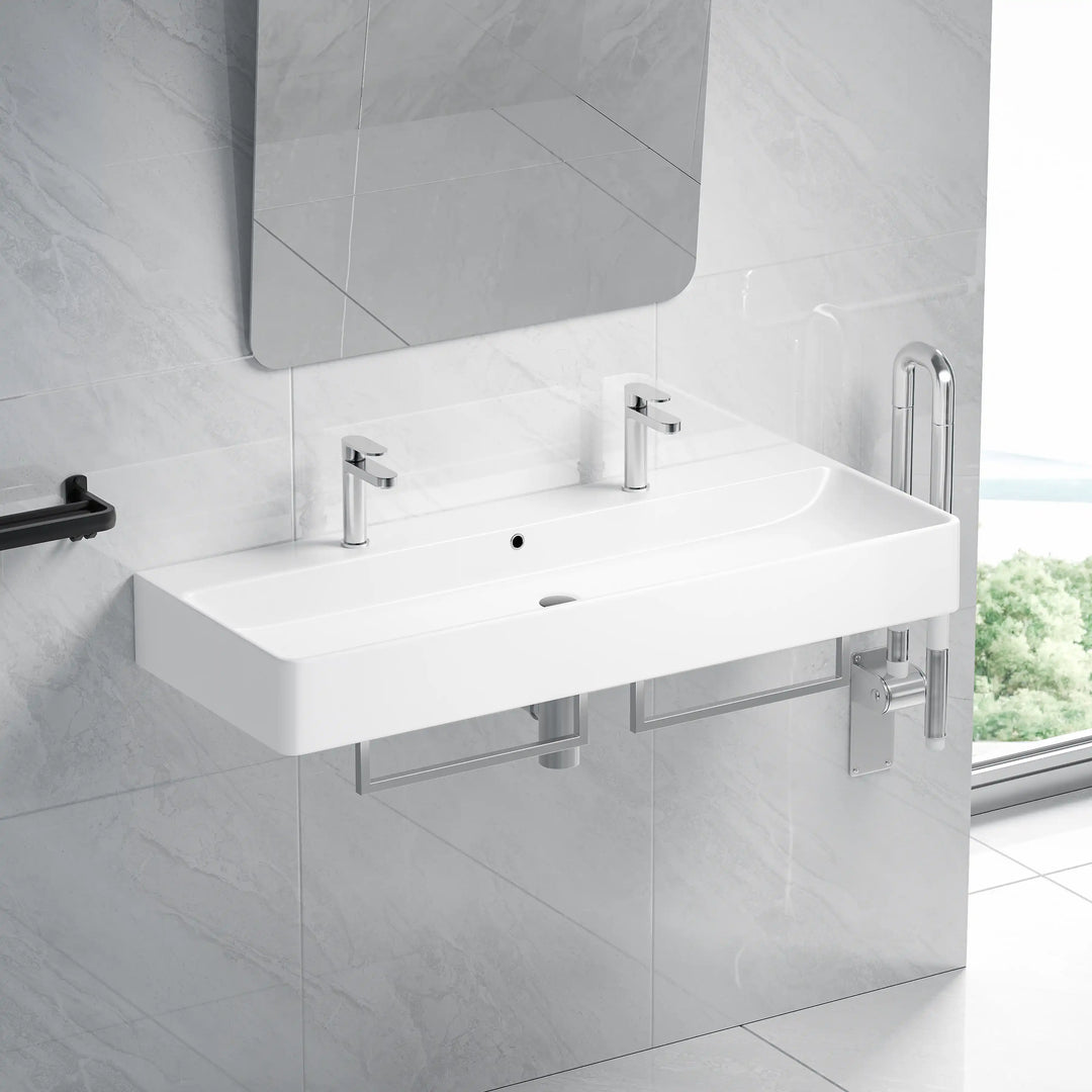 Turner 43" Rectangular Vessel Ceramic Wall Mount Bathroom Sink in White, Two Faucet Holes