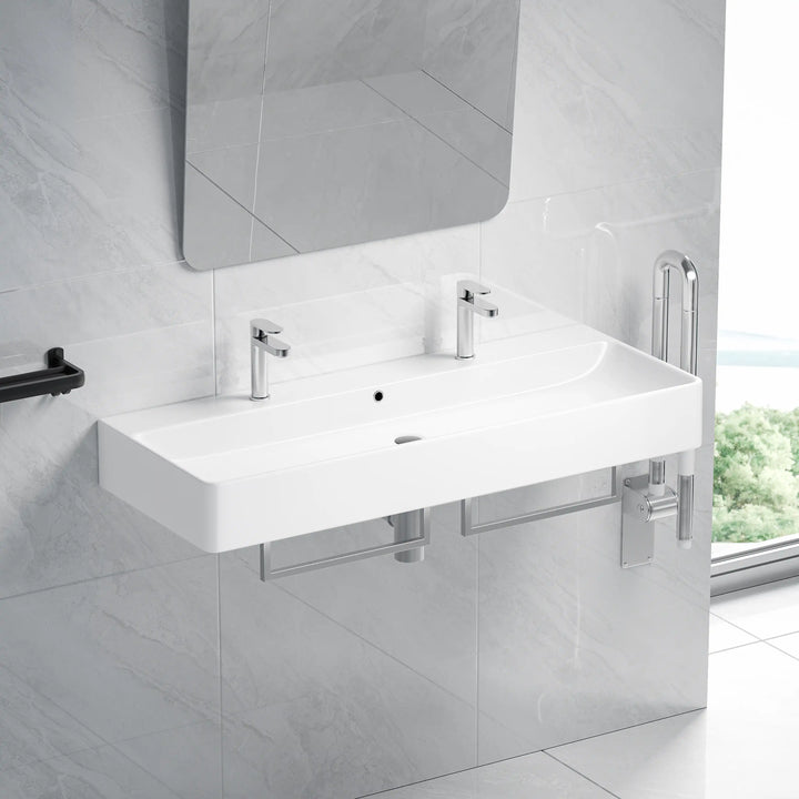 Turner 43" Rectangular Vessel Ceramic Wall Mount Bathroom Sink in White, Two Faucet Holes
