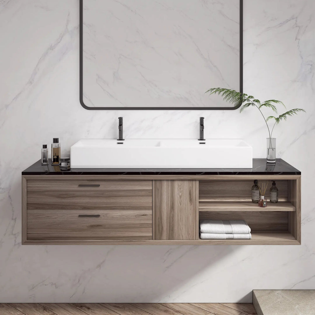 White ceramic double bowl rectangular vanity sink