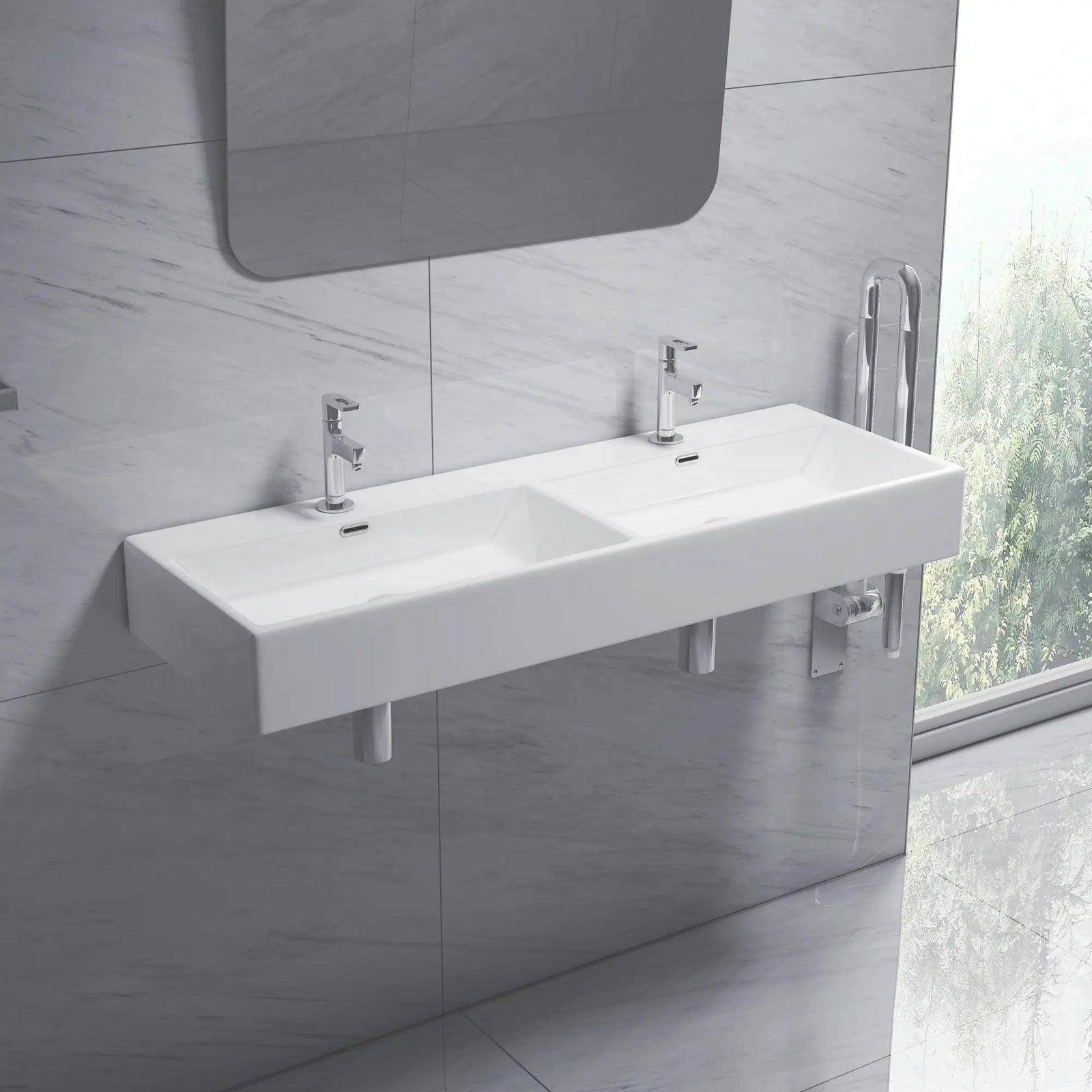 White ceramic double bowl rectangular vanity sink