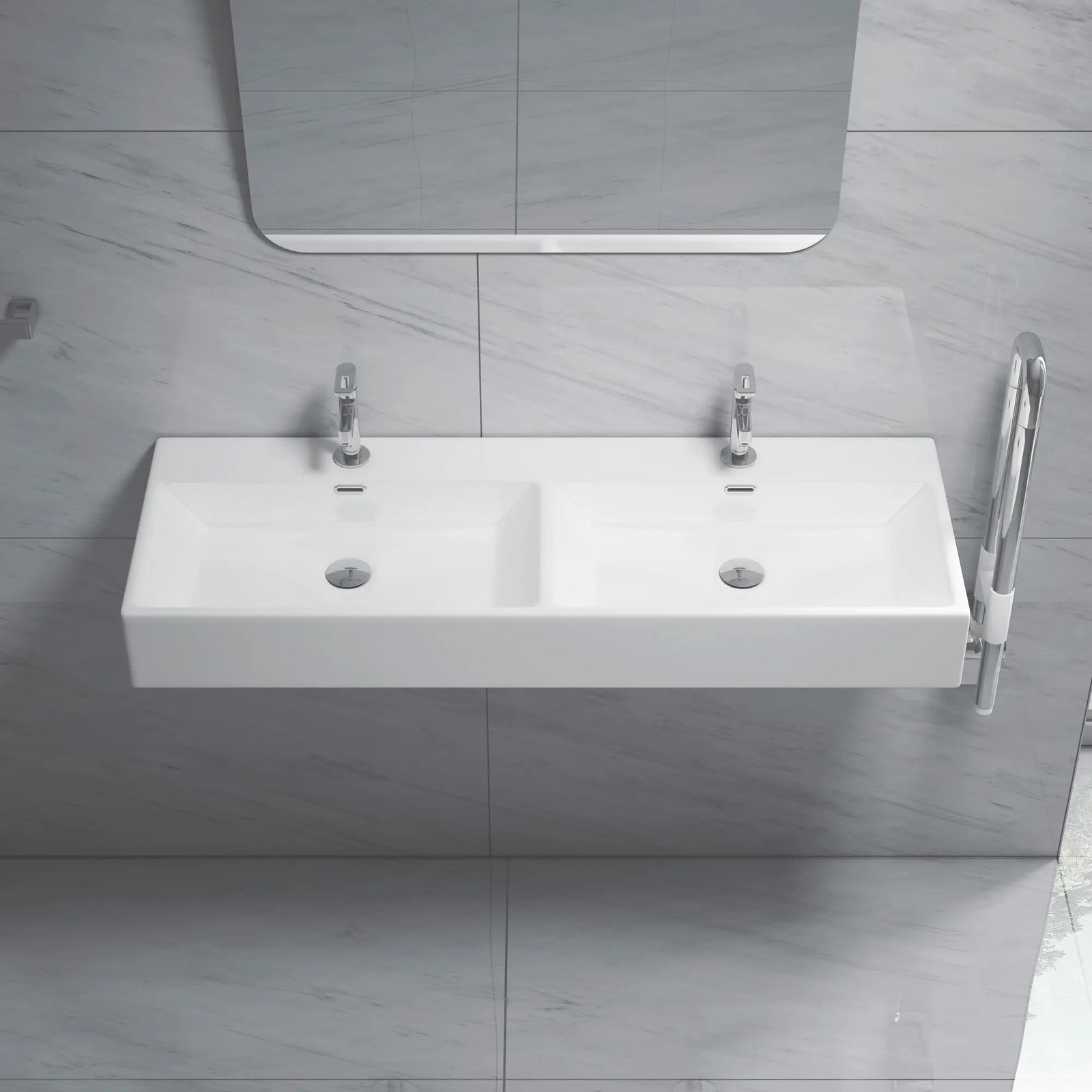 White ceramic double bowl rectangular vanity sink
