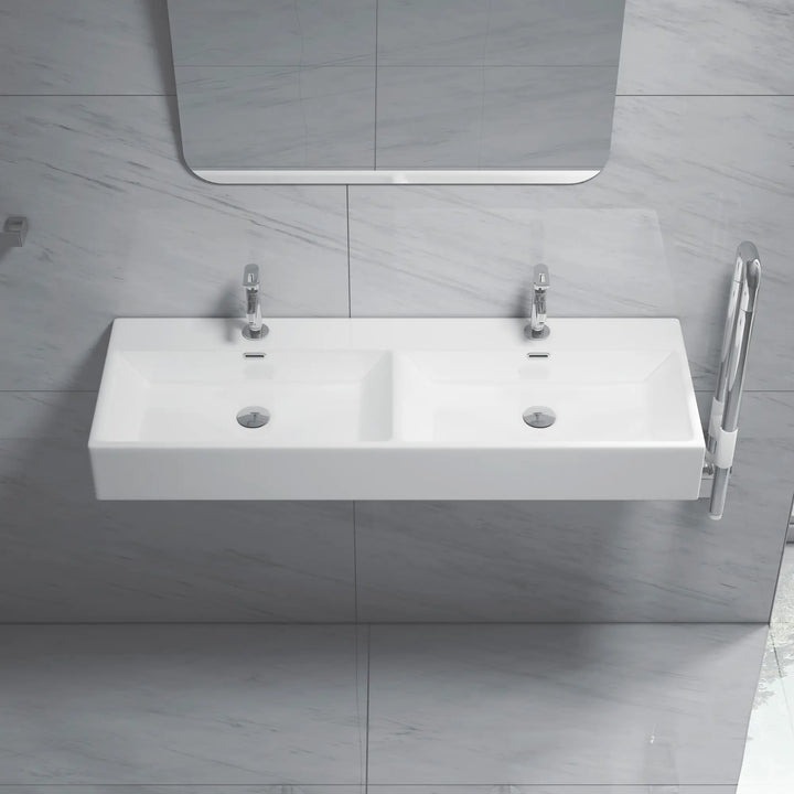 White ceramic double bowl rectangular vanity sink