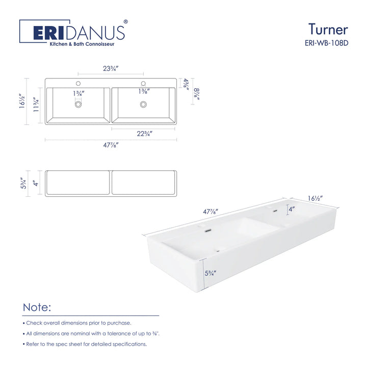 48 inch white ceramic rectangular double sink dimensions