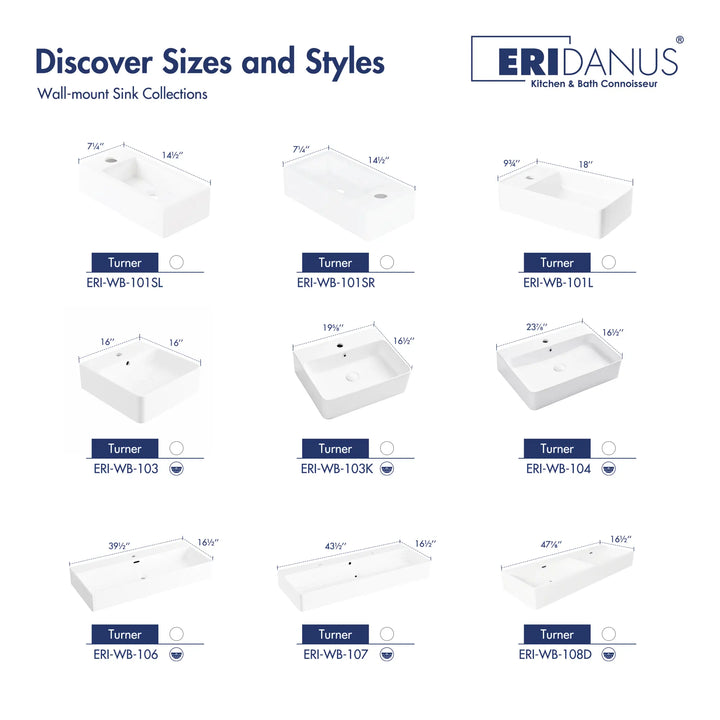 Various sizes of white ceramic wall-mount vanity sinks