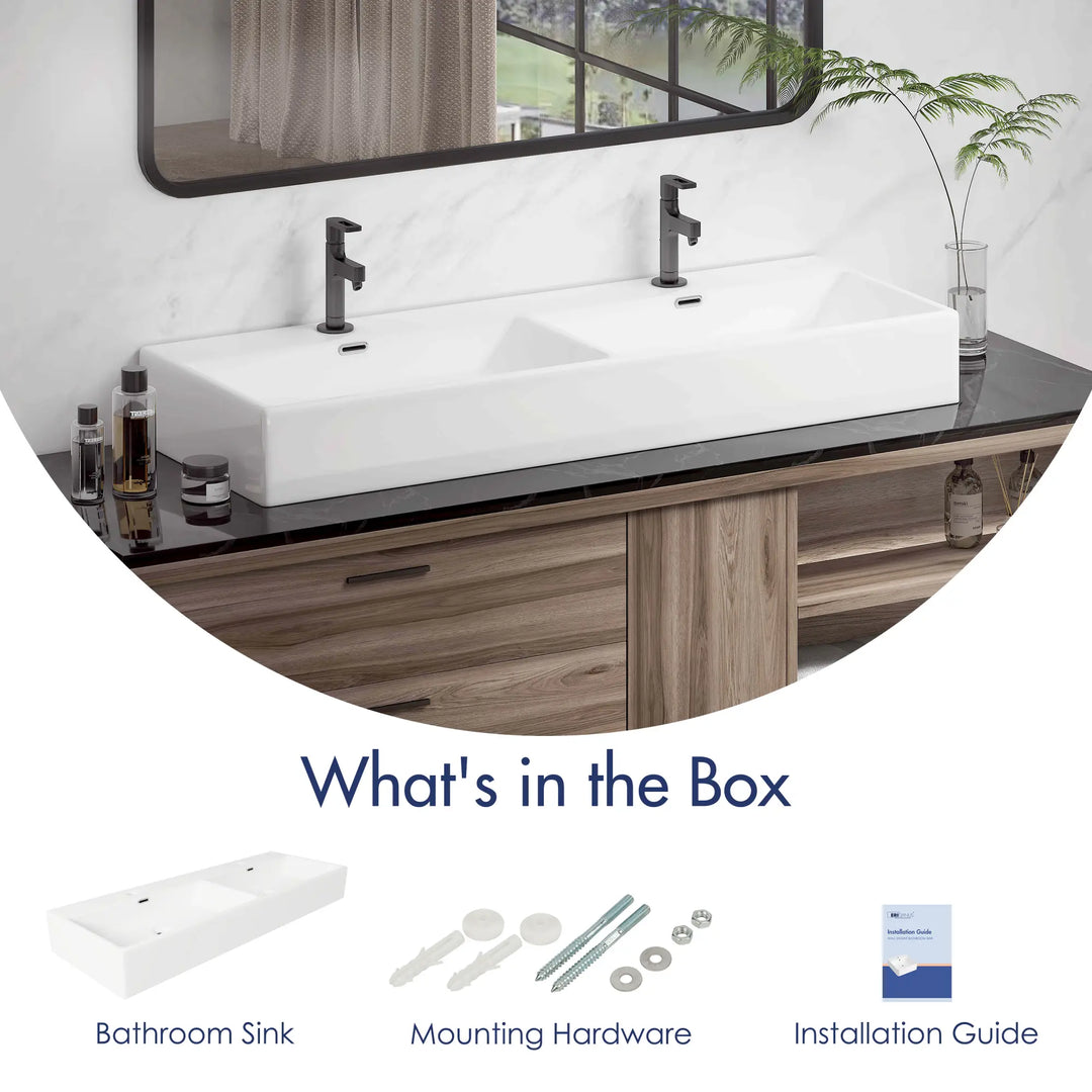 White ceramic double sink with hardware and guide