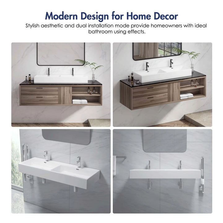 Dual mount white ceramic double basin bathroom sink
