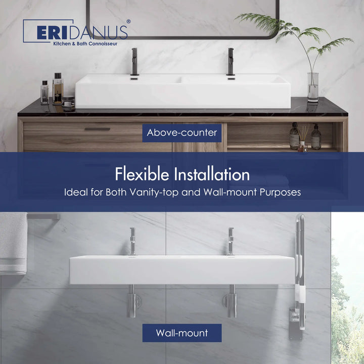 White ceramic double sink for wall-mount or vanity-top