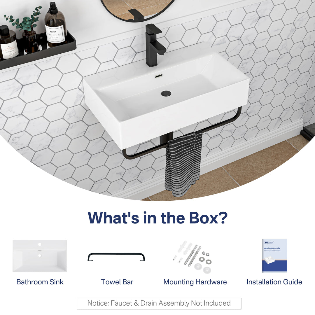 Turner 23.7" W x 14" D Glossy White Vitreous China Rectangular Wall Mount Bathroom Sink with Matte Black Towel Bar