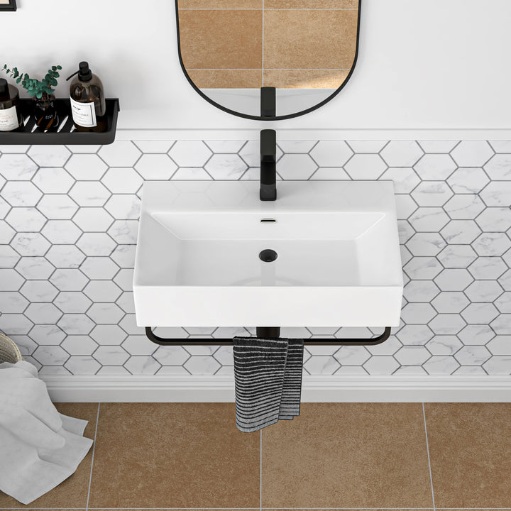 Turner 23.7" W x 14" D Glossy White Vitreous China Rectangular Wall Mount Bathroom Sink with Matte Black Towel Bar