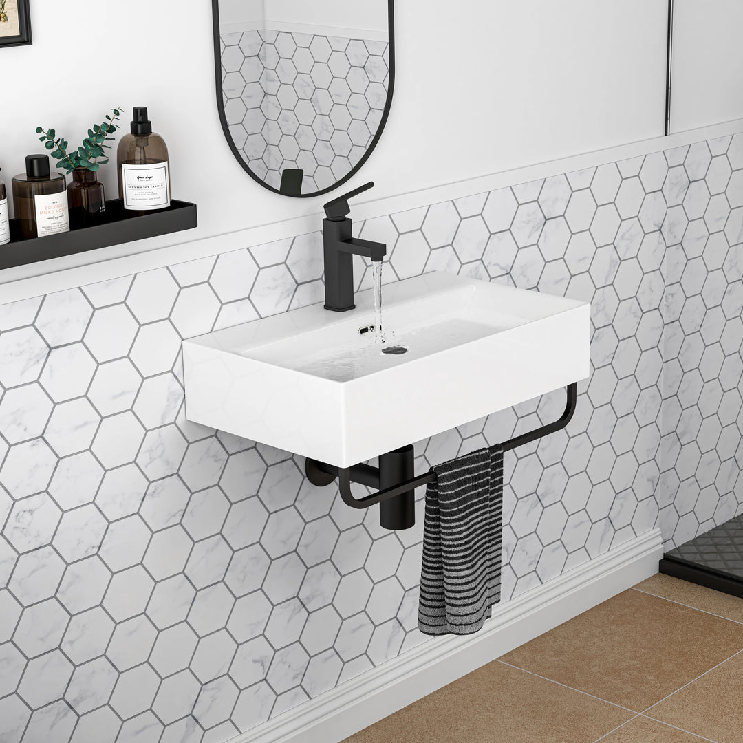 Turner 23.7" W x 14" D Glossy White Vitreous China Rectangular Wall Mount Bathroom Sink with Matte Black Towel Bar
