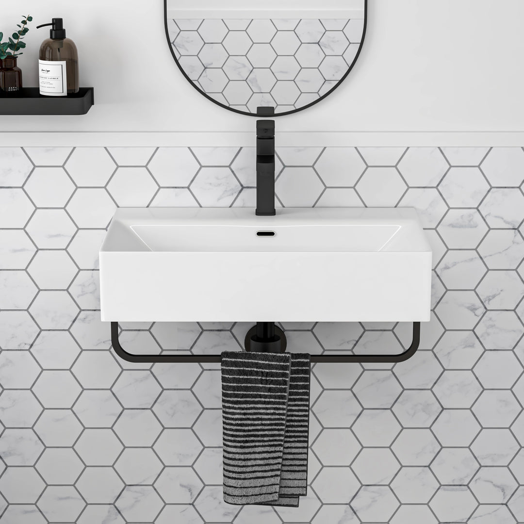 Turner 23.7" W x 14" D Glossy White Vitreous China Rectangular Wall Mount Bathroom Sink with Matte Black Towel Bar