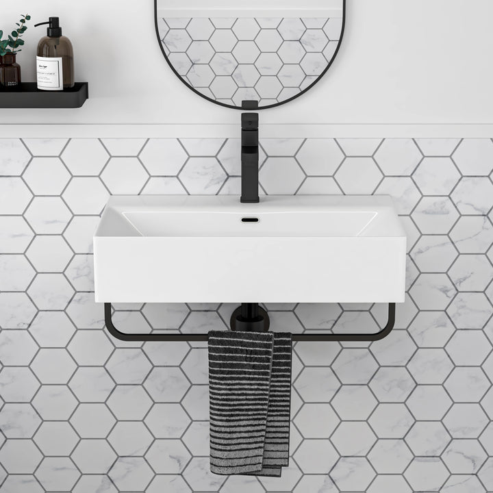 Turner 23.7" W x 14" D Glossy White Vitreous China Rectangular Wall Mount Bathroom Sink with Matte Black Towel Bar