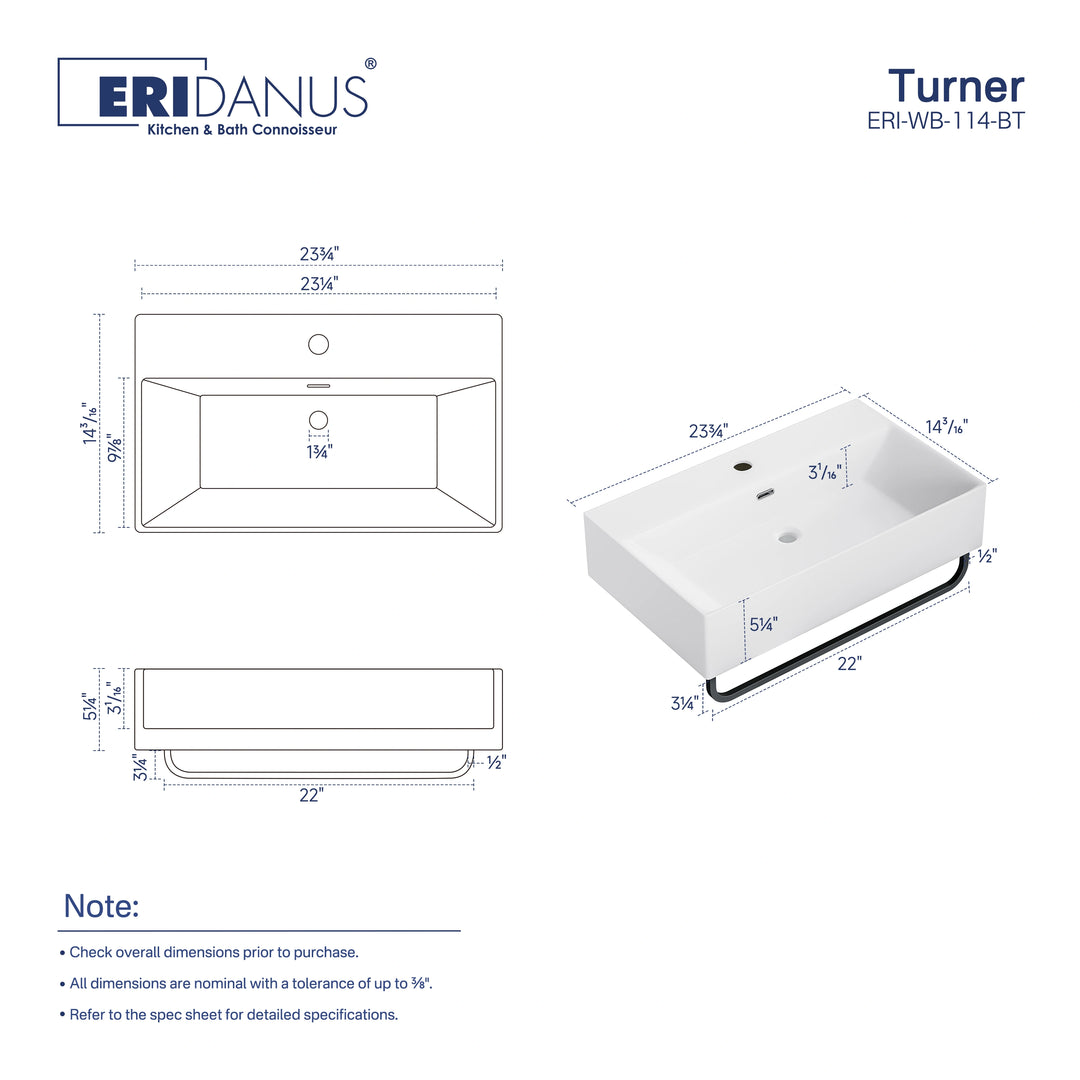 Turner 23.7" W x 14" D Glossy White Vitreous China Rectangular Wall Mount Bathroom Sink with Matte Black Towel Bar