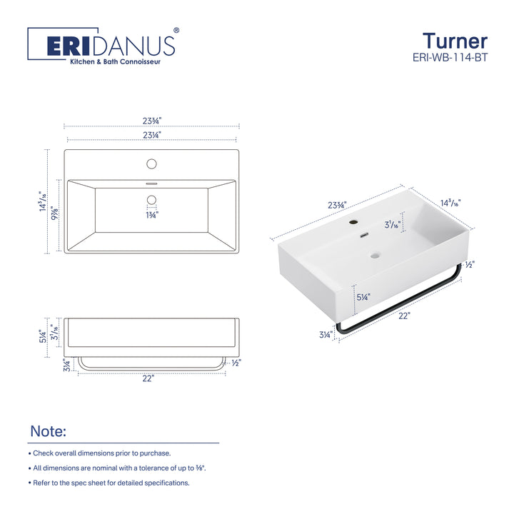Turner 23.7" W x 14" D Glossy White Vitreous China Rectangular Wall Mount Bathroom Sink with Matte Black Towel Bar