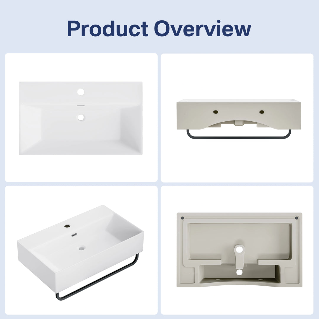 Turner 23.7" W x 14" D Glossy White Vitreous China Rectangular Wall Mount Bathroom Sink with Matte Black Towel Bar