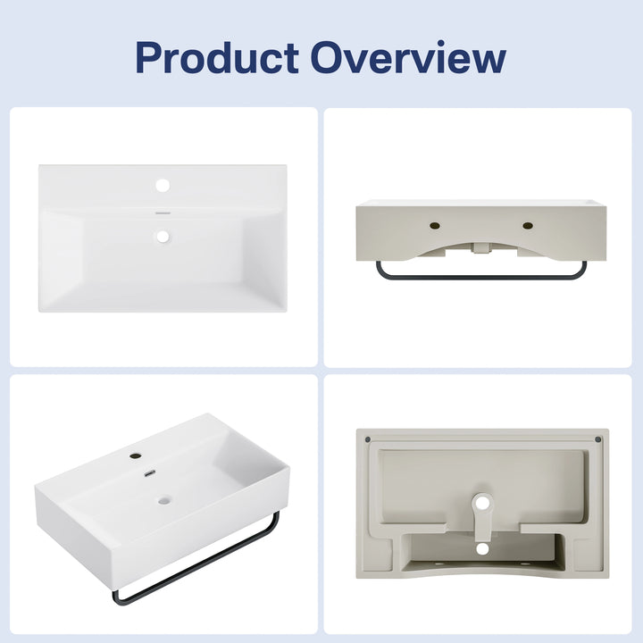Turner 23.7" W x 14" D Glossy White Vitreous China Rectangular Wall Mount Bathroom Sink with Matte Black Towel Bar
