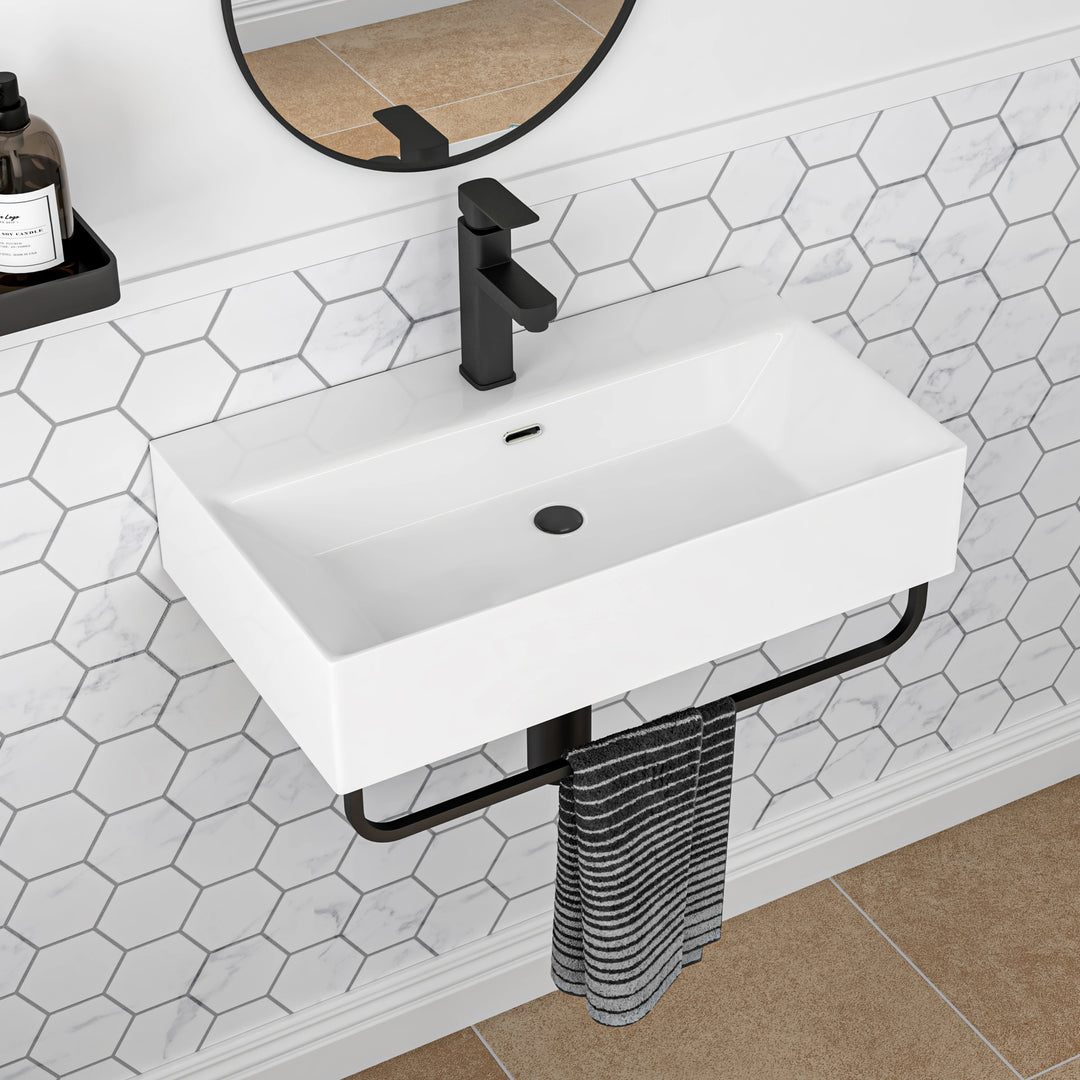 Turner 23.7" W x 14" D Glossy White Vitreous China Rectangular Wall Mount Bathroom Sink with Matte Black Towel Bar
