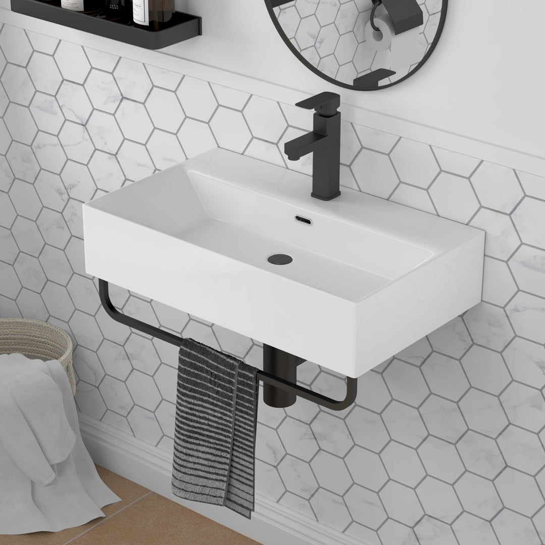 Turner 23.7" W x 14" D Glossy White Vitreous China Rectangular Wall Mount Bathroom Sink with Matte Black Towel Bar