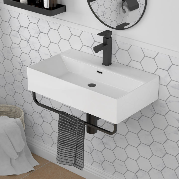 Turner 23.7" W x 14" D Glossy White Vitreous China Rectangular Wall Mount Bathroom Sink with Matte Black Towel Bar