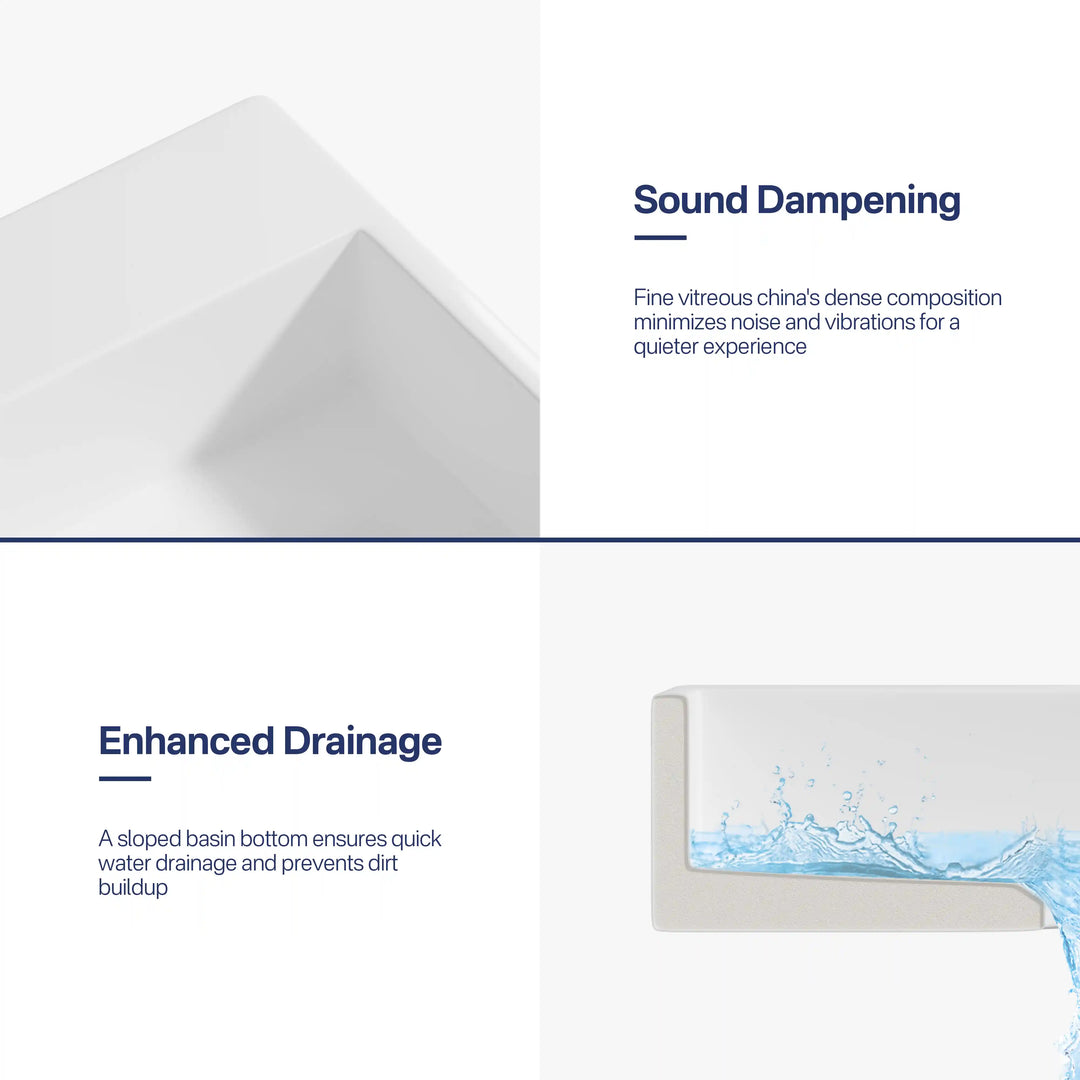 White ceramic sink close-up showing sound dampening and fast sloped drainage design