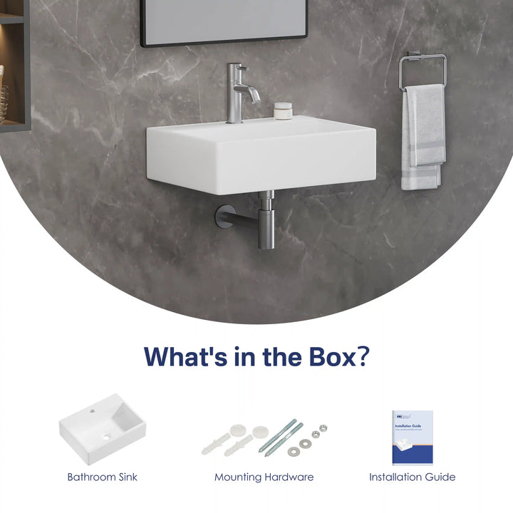 White wall-mounted bathroom sink with included mounting parts and installation manual