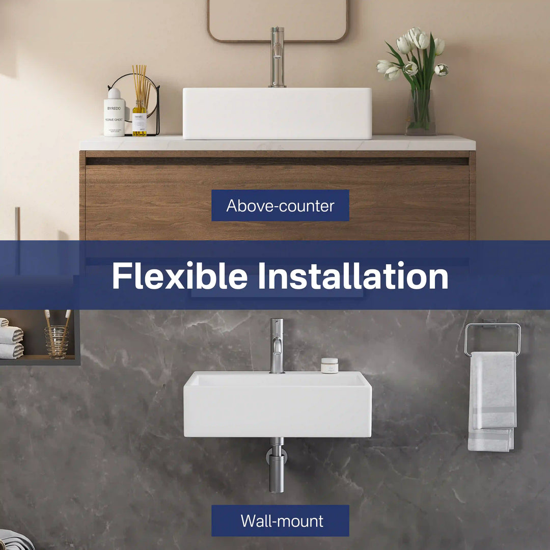 White rectangular ceramic sink with two installation ways: above-counter and wall-mount