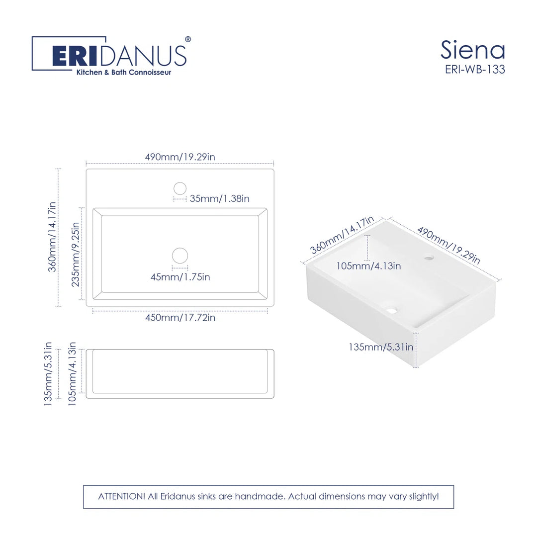 White rectangular wall sink dimension drawing with multi-view size specifications