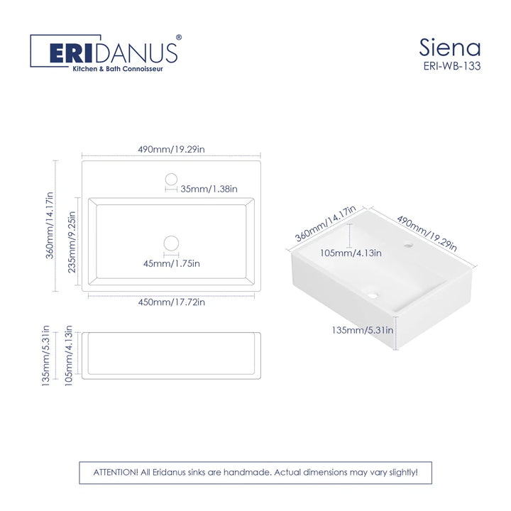 White rectangular wall sink dimension drawing with multi-view size specifications