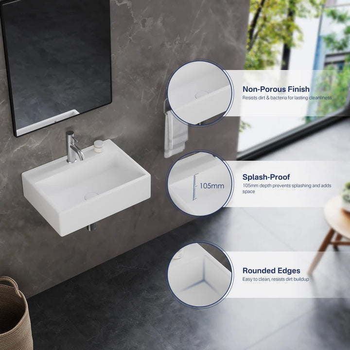 White wall rectangular ceramic sink with non-porous splash-proof rounded edge features