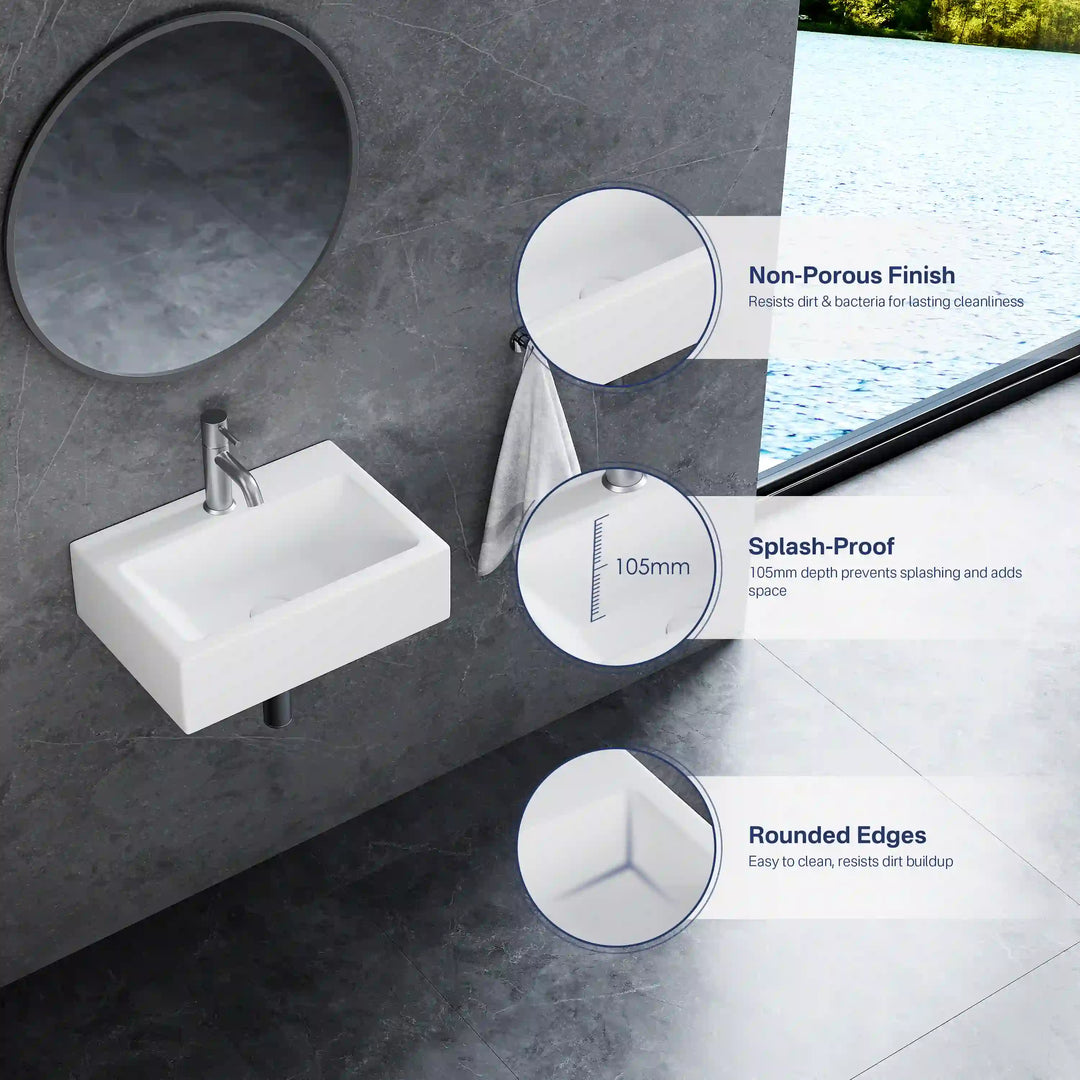 White ceramic wall sink with non-porous, splash-proof rounded edge features