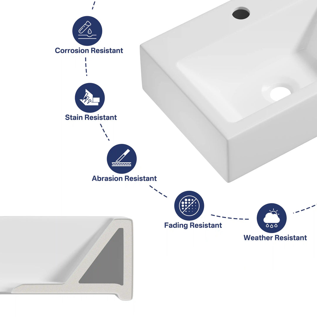 White ceramic vessel sink with 5 durable resistant performance features