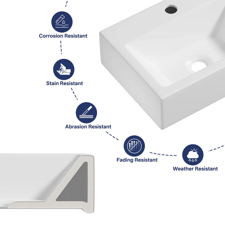 White ceramic vessel sink with 5 durable resistant performance features