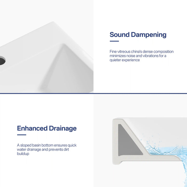 White vitreous china sink with sound dampening and fast sloped drainage design