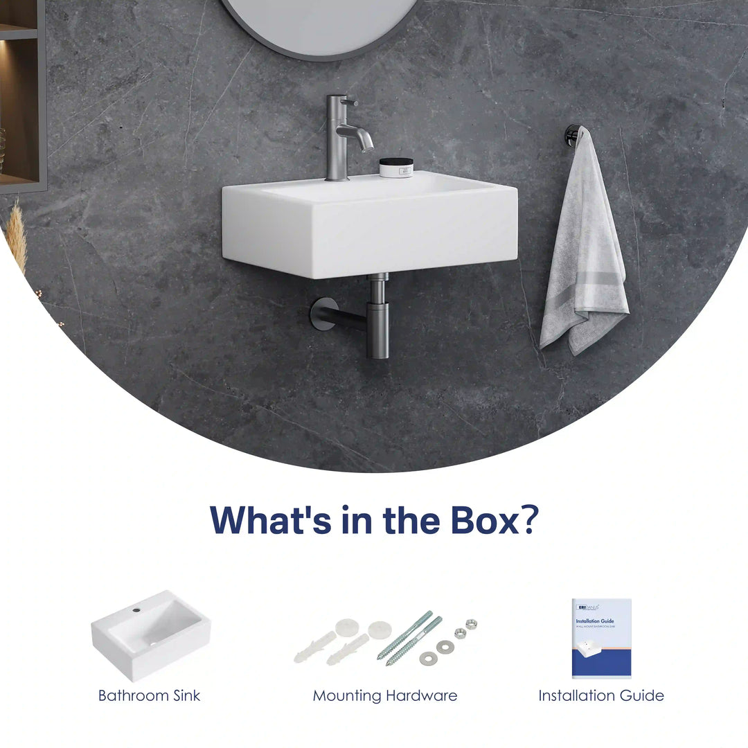 Wall-mounted ceramic bathroom sink with included mounting hardware and installation guide