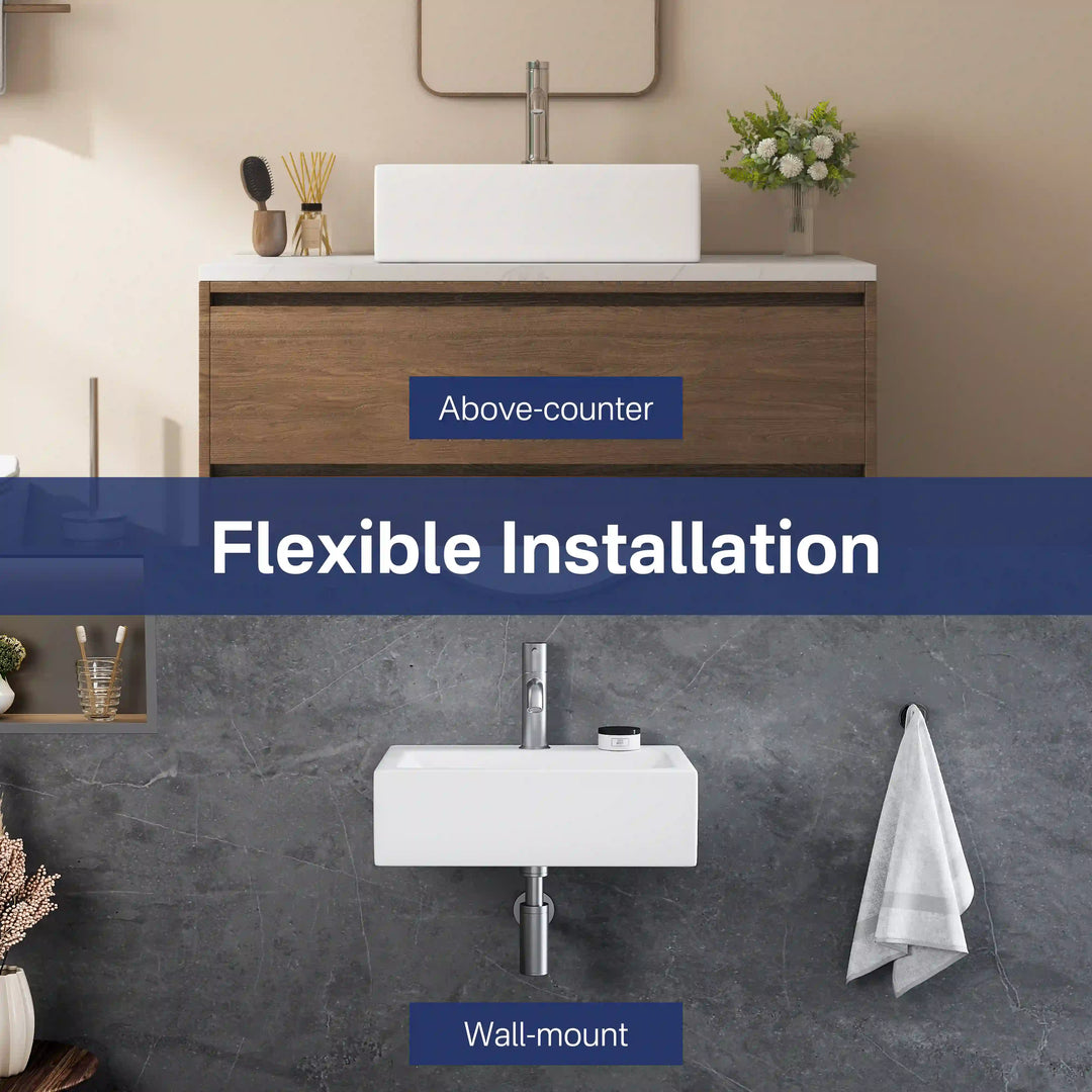 White rectangular ceramic sink supports above-counter and wall-mount dual installation