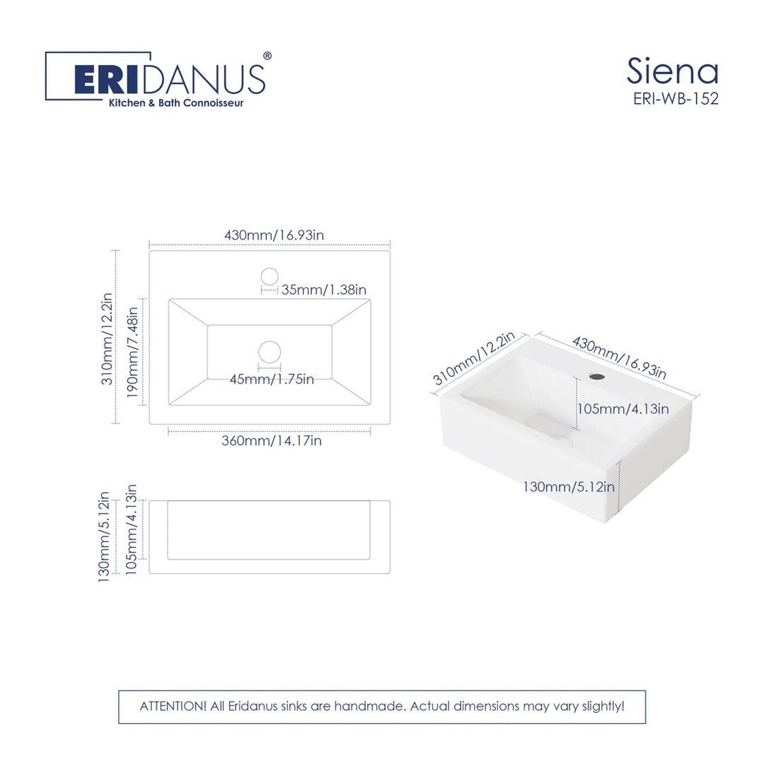 White rectangular ceramic wall sink with complete millimeter and inch dimension drawings