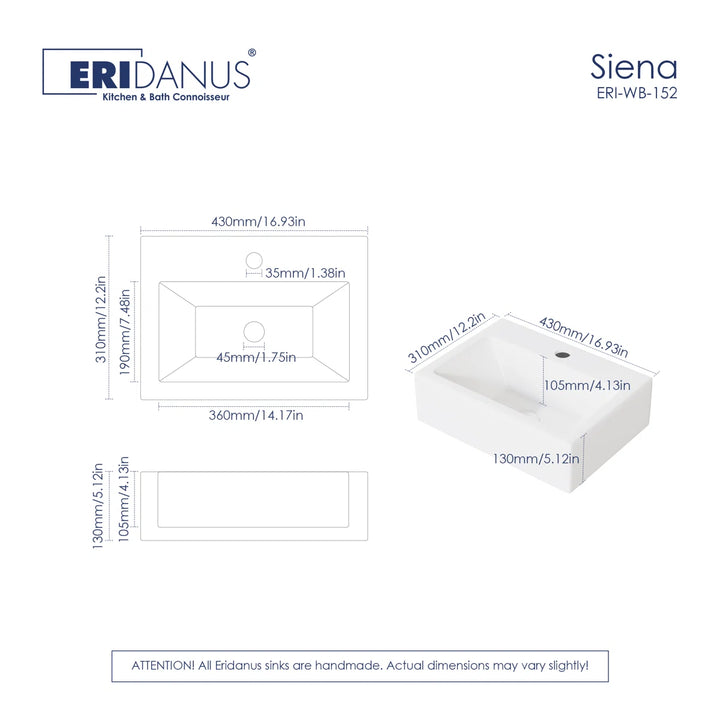 White rectangular ceramic wall sink with complete millimeter and inch dimension drawings