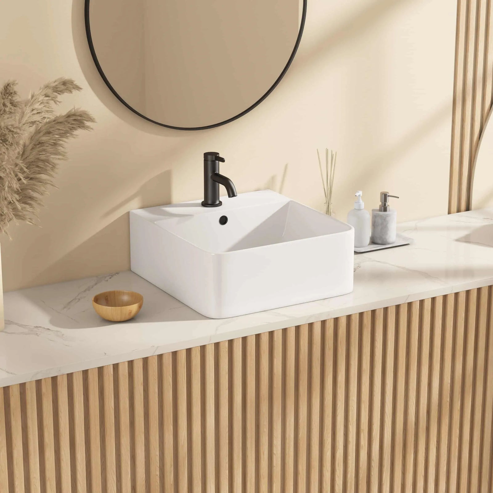 White Ceramic Square Vessel Sink with Matte Black Single Handle Faucet, Modern Bathroom Sink.#size_16-in