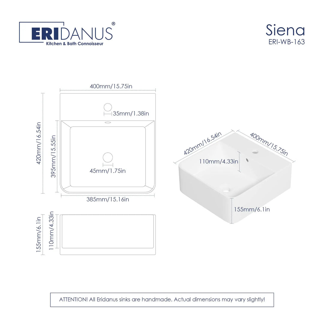 Turner Rectangular Wall-Mount Ceramic Bathroom Sink in White Available in Sizes