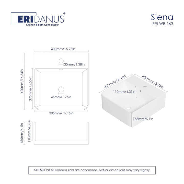 Turner Rectangular Wall-Mount Ceramic Bathroom Sink in White Available in Sizes