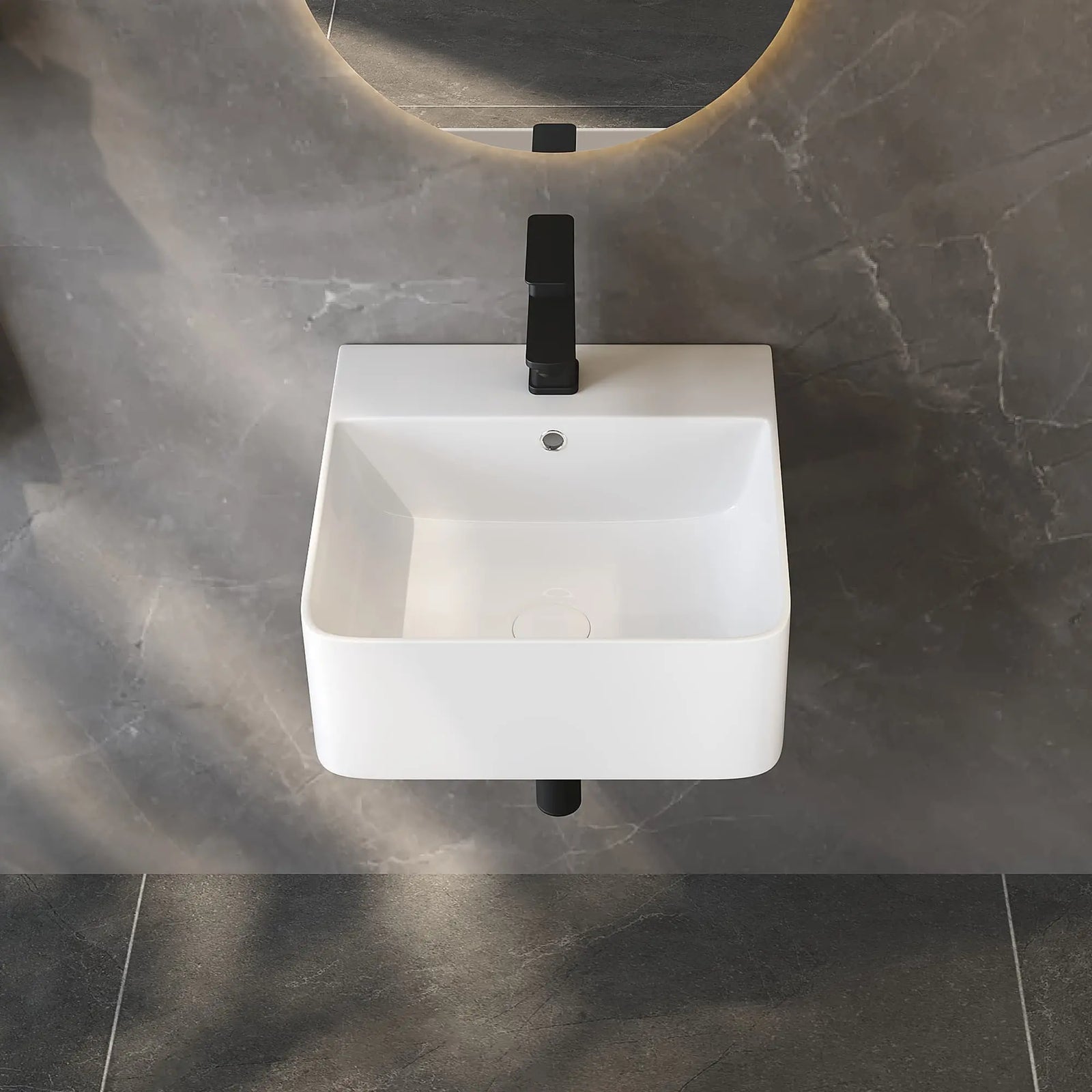 White Ceramic Square Wall-Mount Sink with Matte Black Faucet, Modern Floating Bathroom Basin.#size_16-in