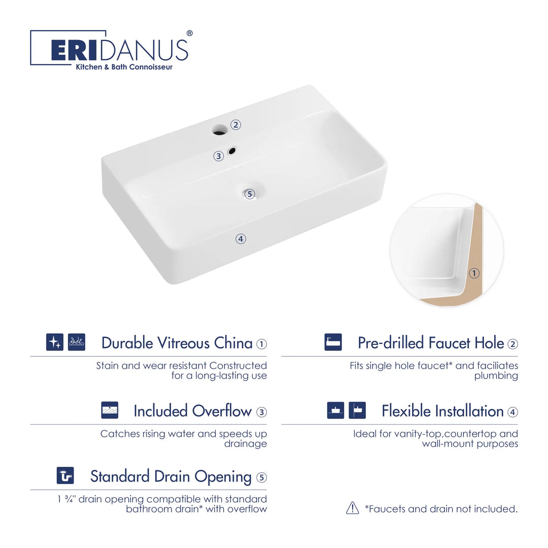 White ceramic sink with faucet hole and overflow features.