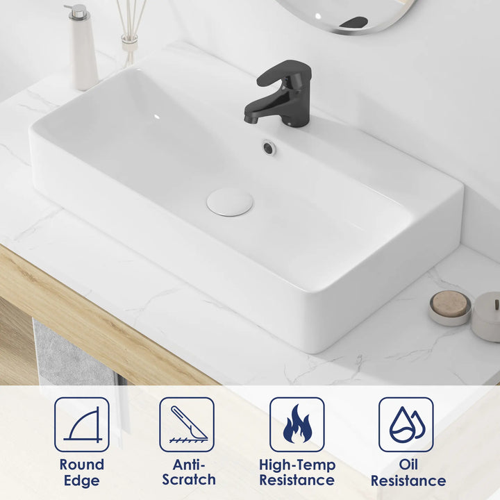 Scratch and heat resistant white ceramic sink, round edges.