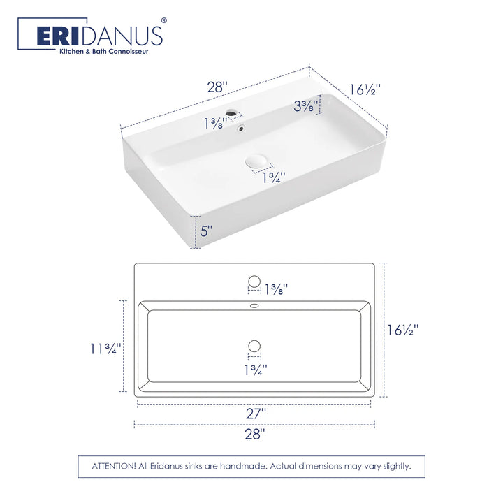 Dimensions of a 28 inch white rectangular ceramic sink.