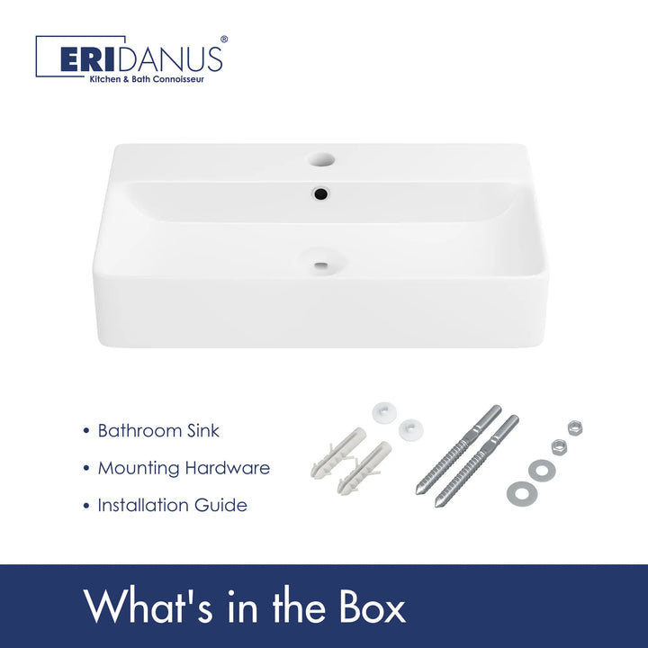 White ceramic sink with mounting hardware and guide.