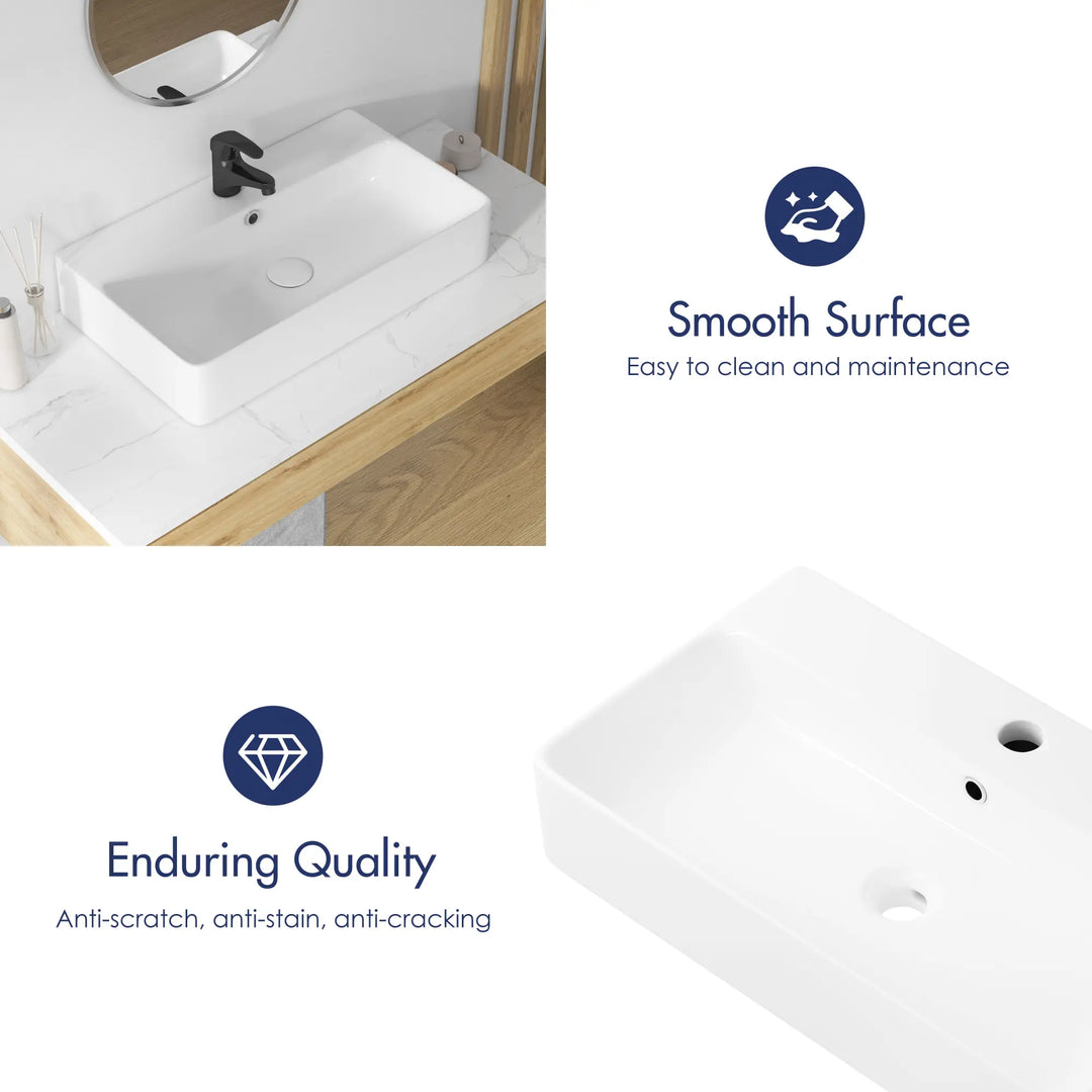 Easy-to-clean, scratch-resistant white ceramic sink.