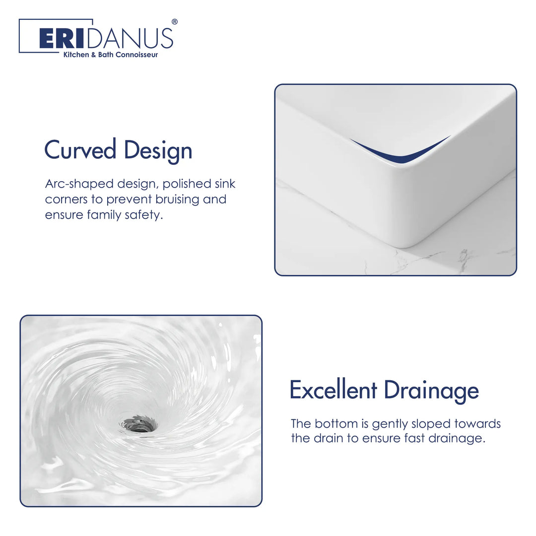 Ceramic sink with curved corners and sloped drainage design.