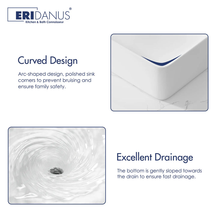 Ceramic sink with curved corners and sloped drainage design.